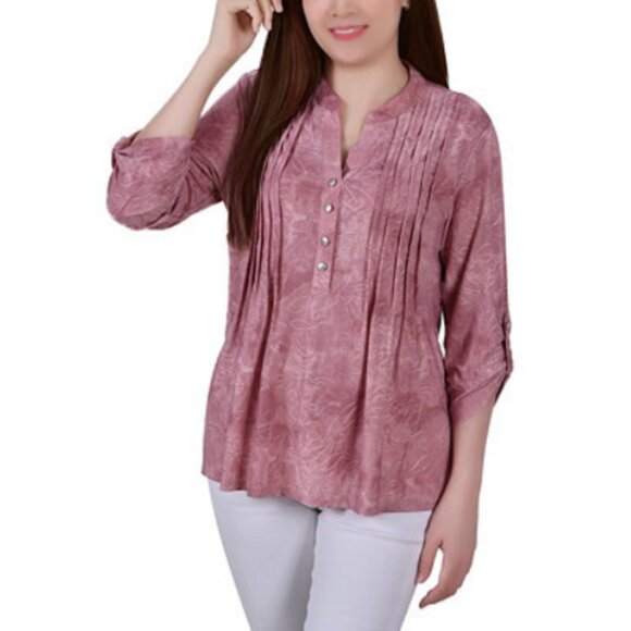 NY Collection Tops - NY Collection Women's Petite 3/4 Sleeve Roll Tab Y Neck Pullover Top Pink PL NWT